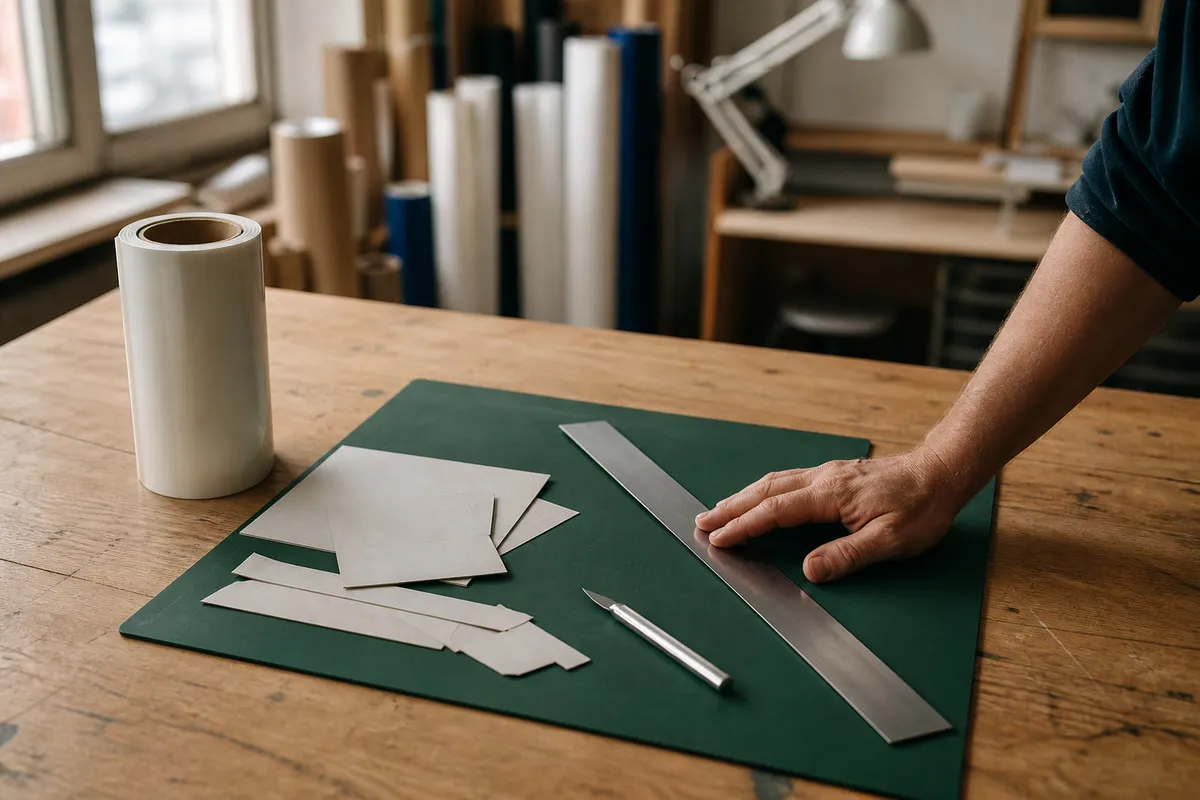 Établi de graphiste avec tapis de découpe, règle et scalpel, un avant-bras au travail - création de carte de visite confiée à un atelier
