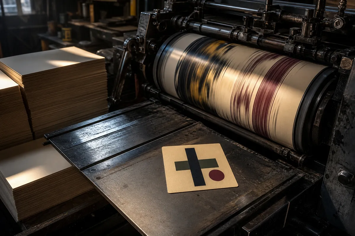 Carte de visite fraîchement sortie d'une presse d'imprimerie industrielle, pile de papier en arrière-plan - impression en Suisse accueil