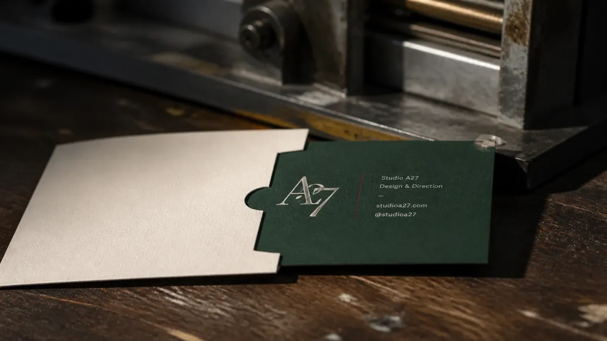 Carte de visite glissée dans une pochette de papier avec un massicot d'atelier en arrière-plan flou - passage à l'impression professionnelle