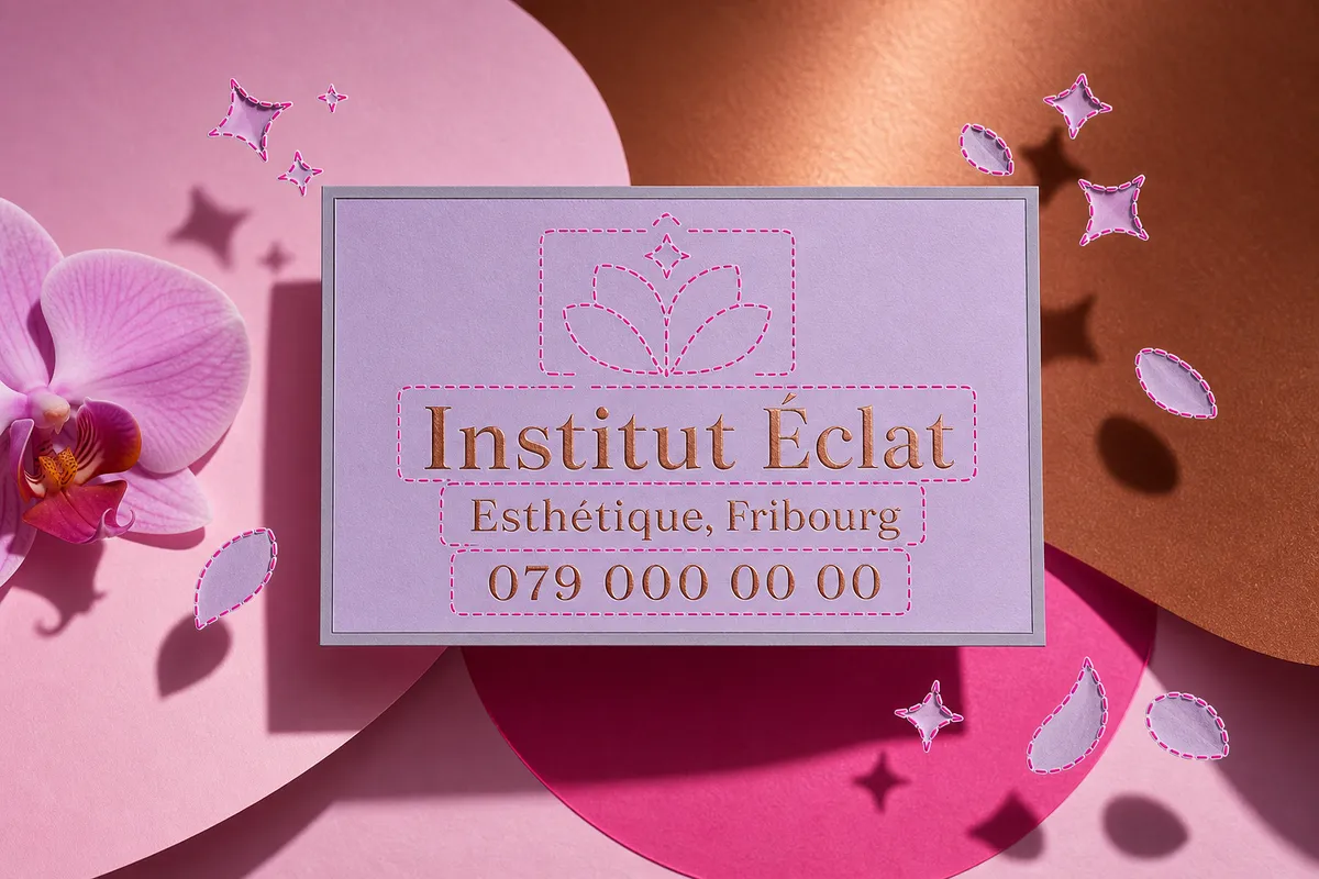 Carte de visite lavande d'un institut de beauté fictif avec zones modifiables et zone fixe indiquées - éléments éditables et verrouillés