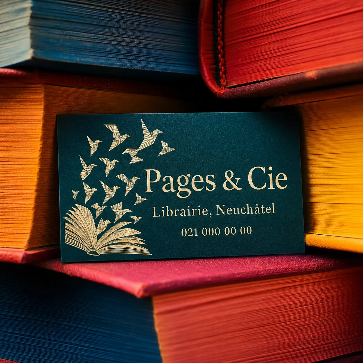 Gros plan sur une carte de visite bleu sarcelle d'une librairie fictive posée sur une pile de livres, texte net et lisible - lisibilité minimale carte de visite