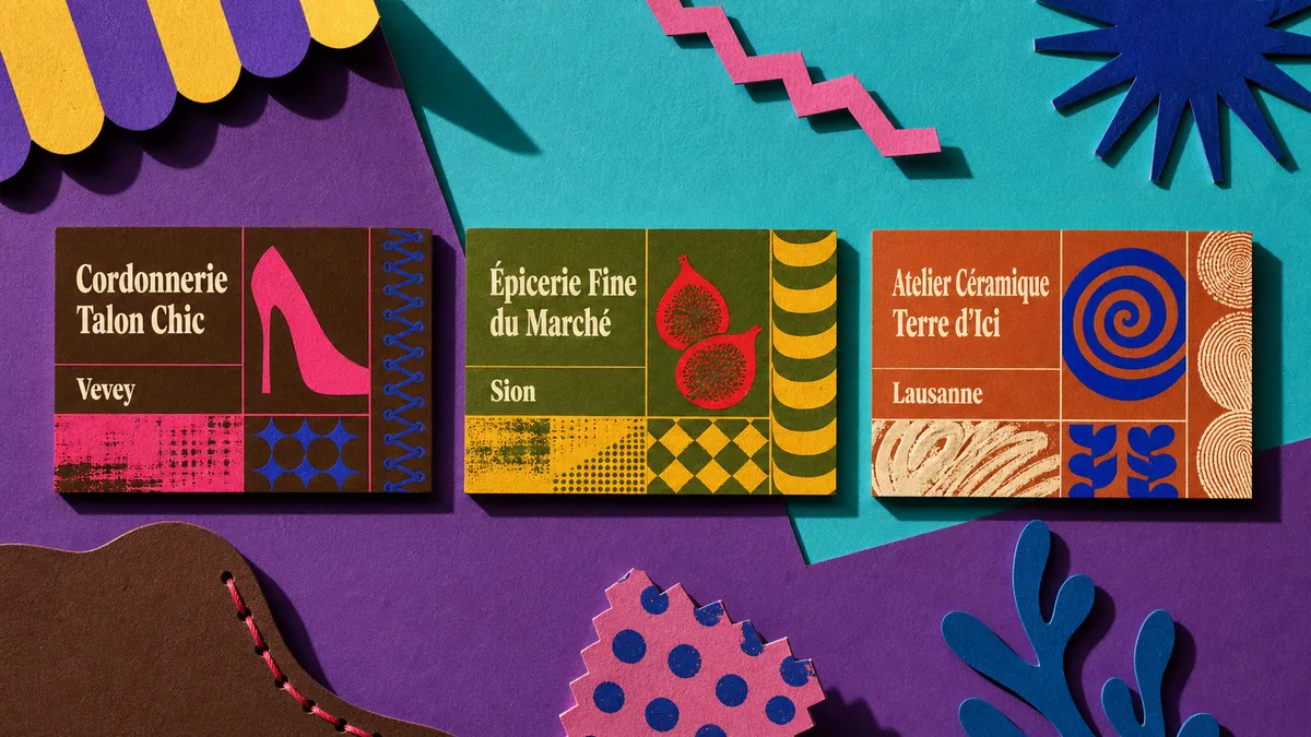 Trois cartes de visite issues du même gabarit pour un cordonnier, une épicerie fine et un atelier de céramique fictifs - polyvalence du modèle personnalisable
