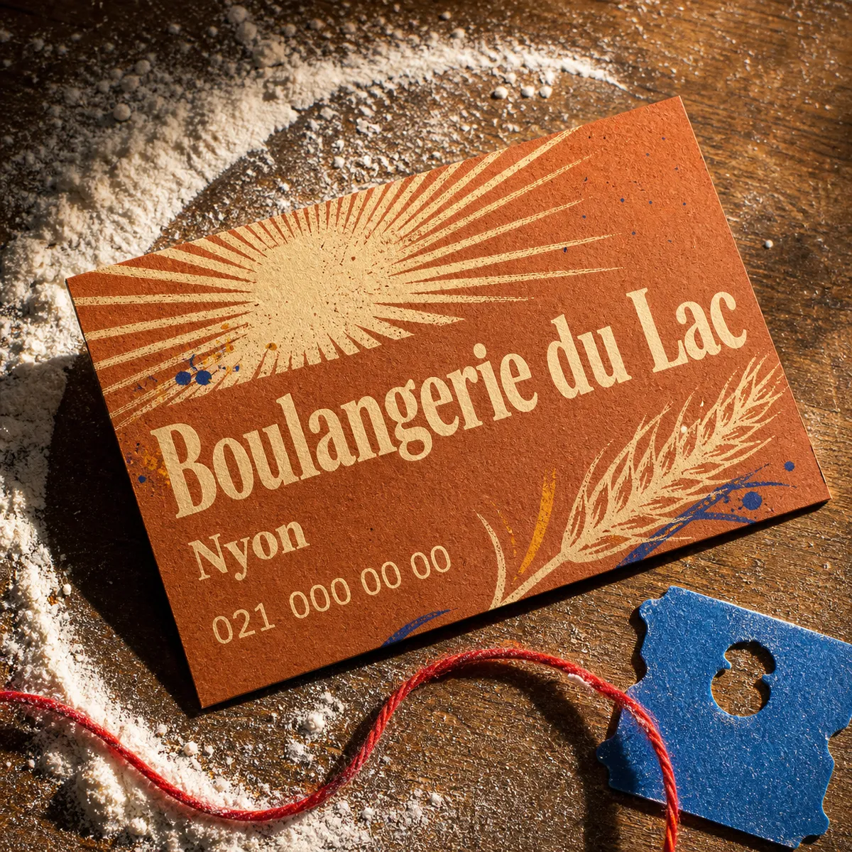 Gros plan chaleureux sur une carte de visite terracotta de boulangerie posée sur un comptoir en bois - avantage du gabarit prêt à l'emploi carte de visite