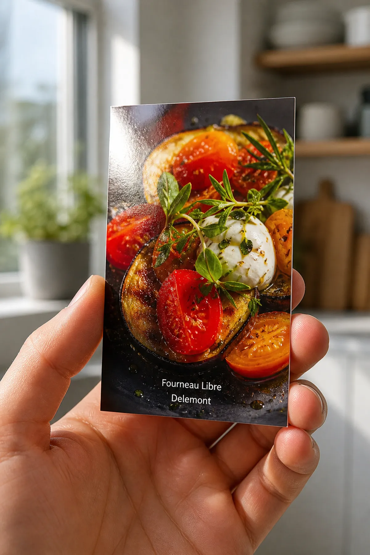 Main tenant une carte brillante à l'italienne portant la photo d'un plat, devant une cuisine floue - carte de visite brillante