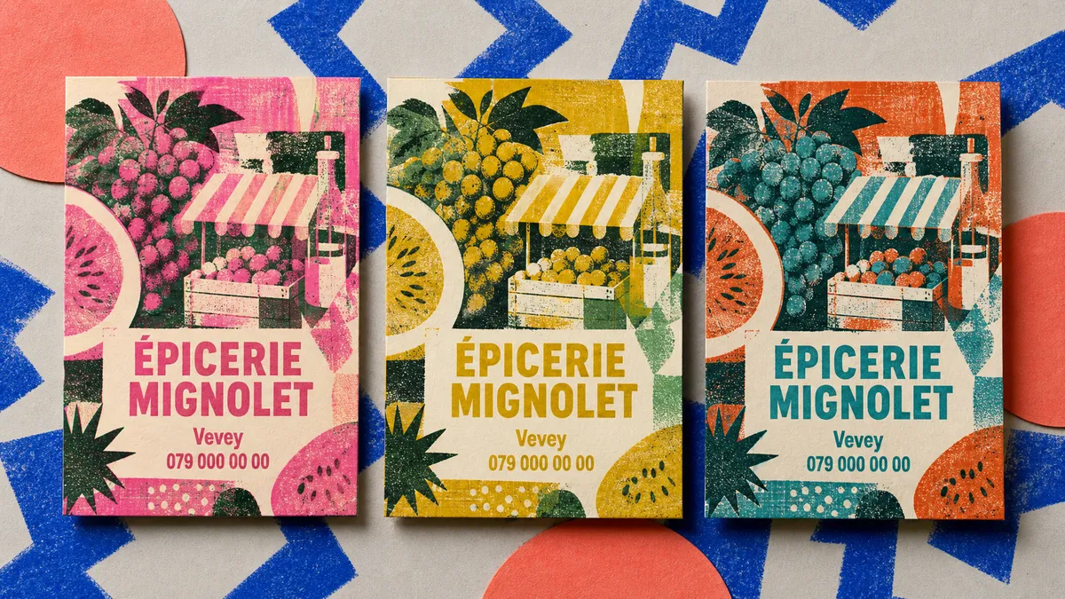 Trois cartes de visite identiques avec des palettes de couleurs différentes en style risographie, posées côte à côte - épicerie fictive Épicerie Mignolet - carte de visite