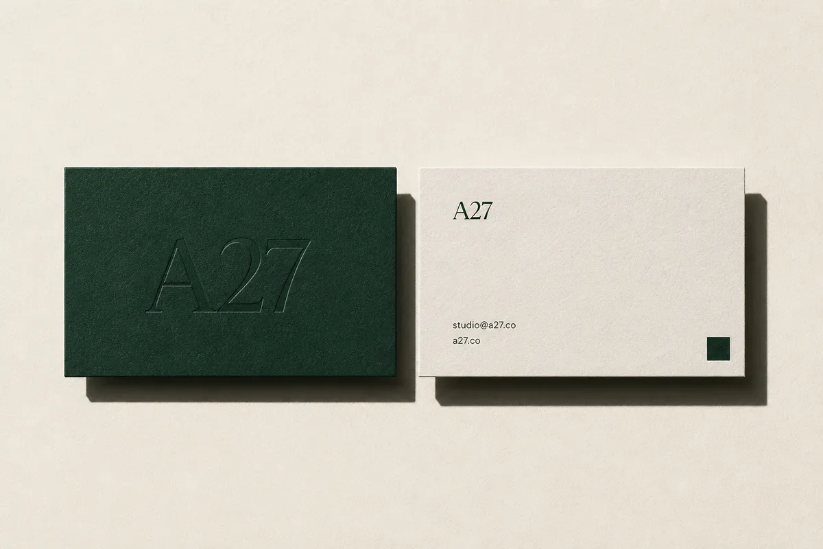Verso entièrement vert-ardoise à côté d'un recto presque blanc avec un seul accent coloré - dosage carte de visite colorée