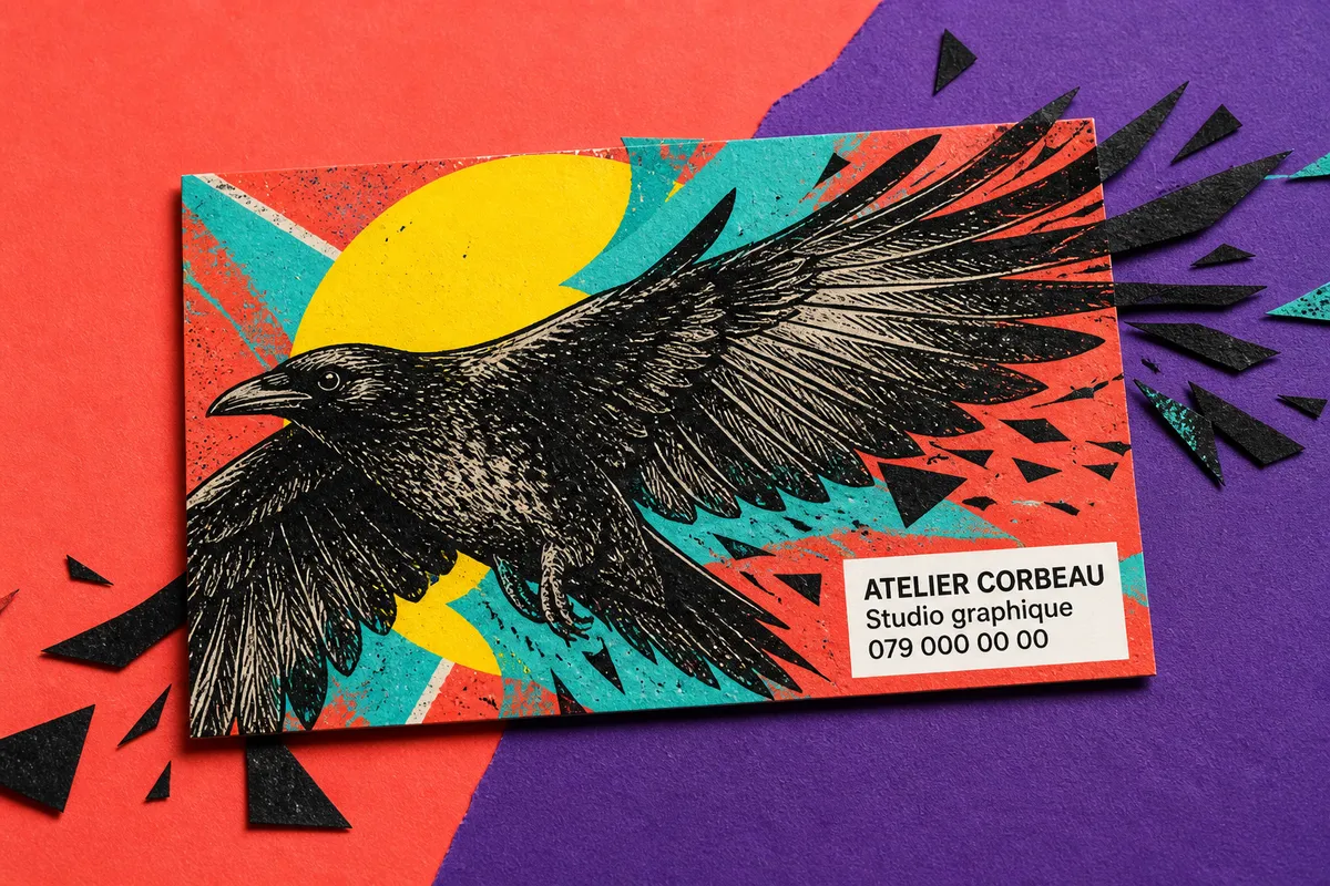 Carte de visite avec illustration pleine page d'un corbeau en ligne noire sur fond corail et bloc de texte blanc - studio graphique fictif Atelier Corbeau - carte de visite