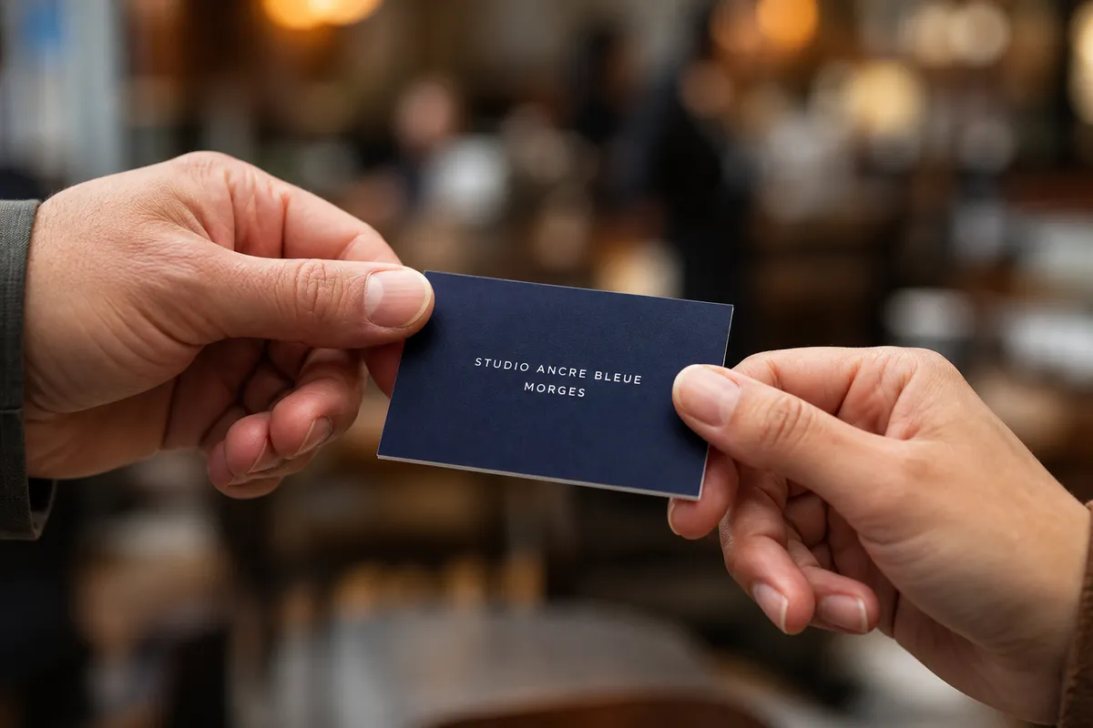 Carte indigo passée d'une main à l'autre au-dessus d'une table, arrière-plan flou - carte de visite digitale
