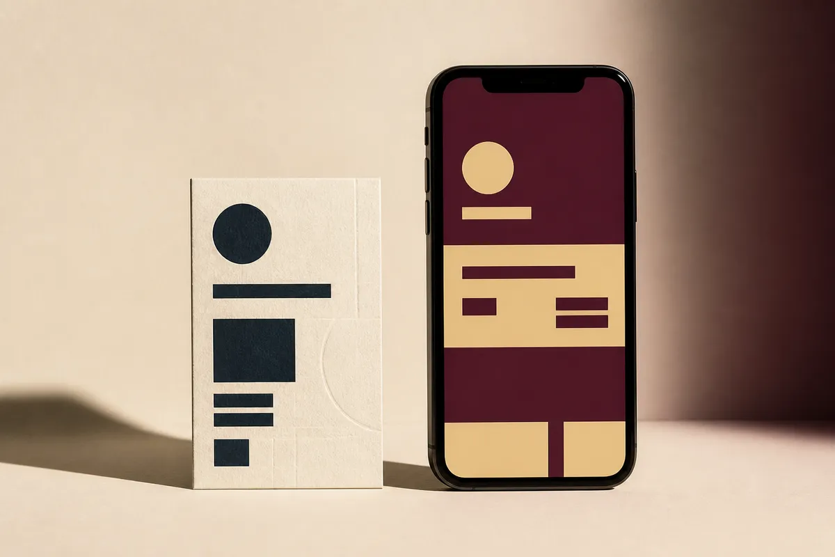 Carte de visite imprimée posée contre un smartphone affichant des blocs abstraits - carte de visite digitale