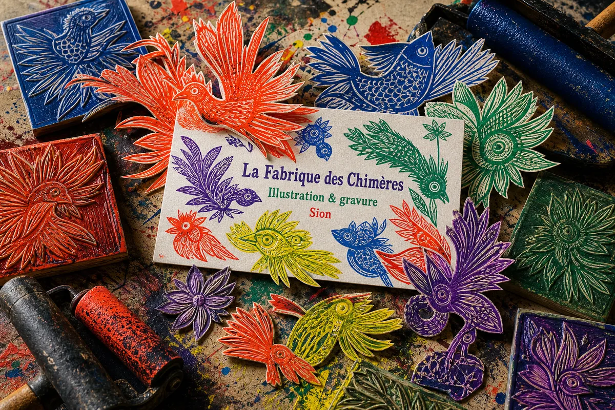 Carte de visite crème couverte d'oiseaux et de feuillages gravés en rouge, bleu, vert, jaune et violet, posée sur des plaques de linogravure encrées - exemple de carte de visite pour un atelier d'illustration