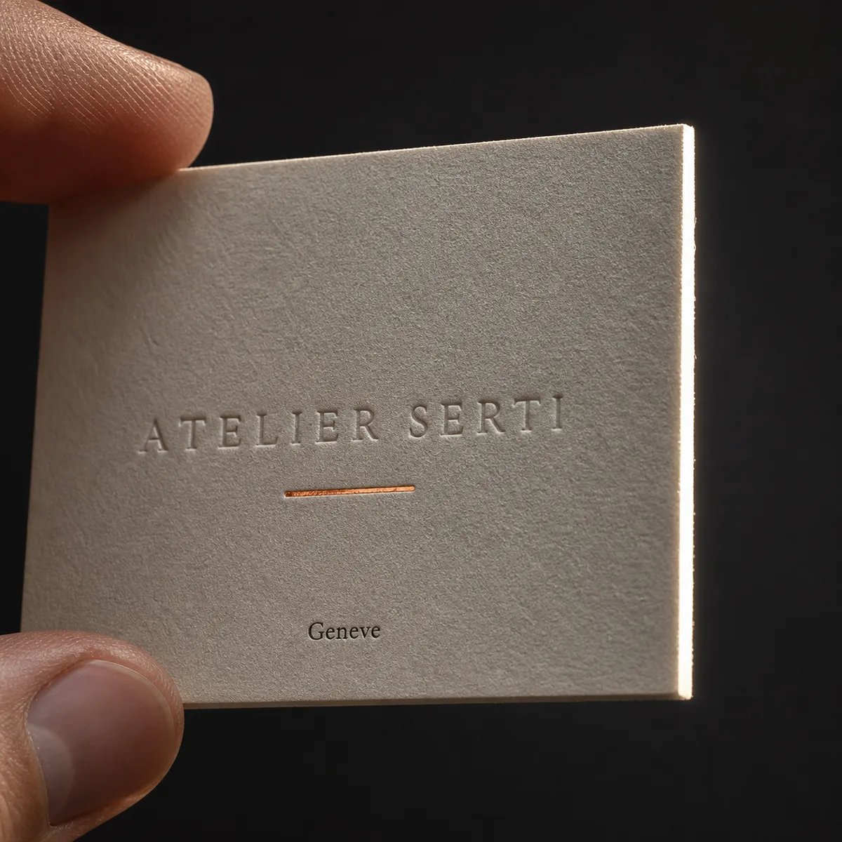Carte très épaisse tenue de biais, nom gaufré en creux sans encre et fin filet cuivre, tranche visible sur toute la longueur - carte de visite luxe