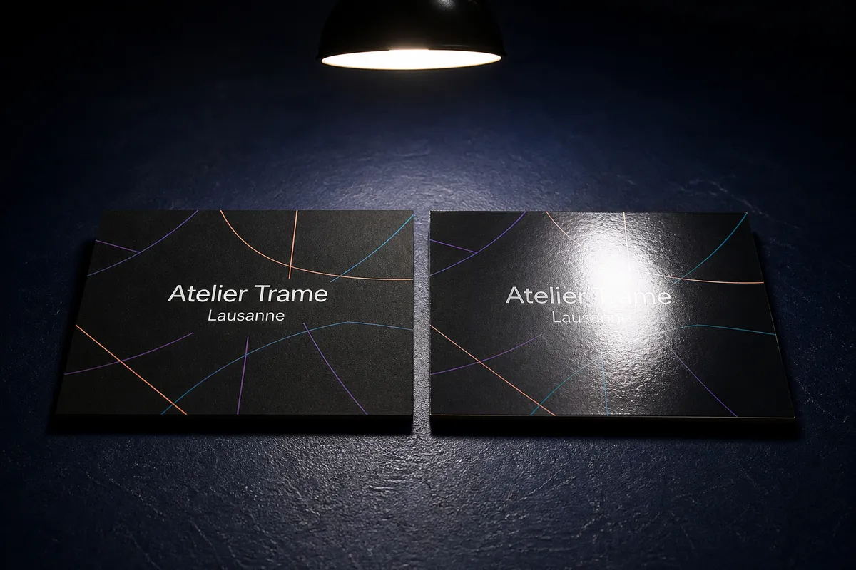 Deux cartes noires identiques sous une même lampe, la mate reste lisible, la brillante est barrée par un reflet blanc - carte de visite mate