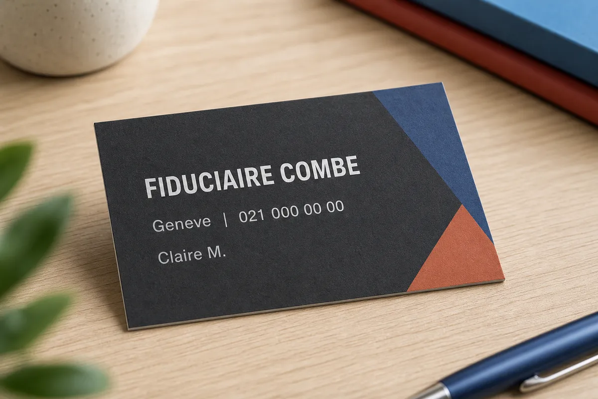 Carte mate gris anthracite posée sur un bureau en chêne clair, texte parfaitement lisible sous une lumière large sans reflet - carte de visite mate