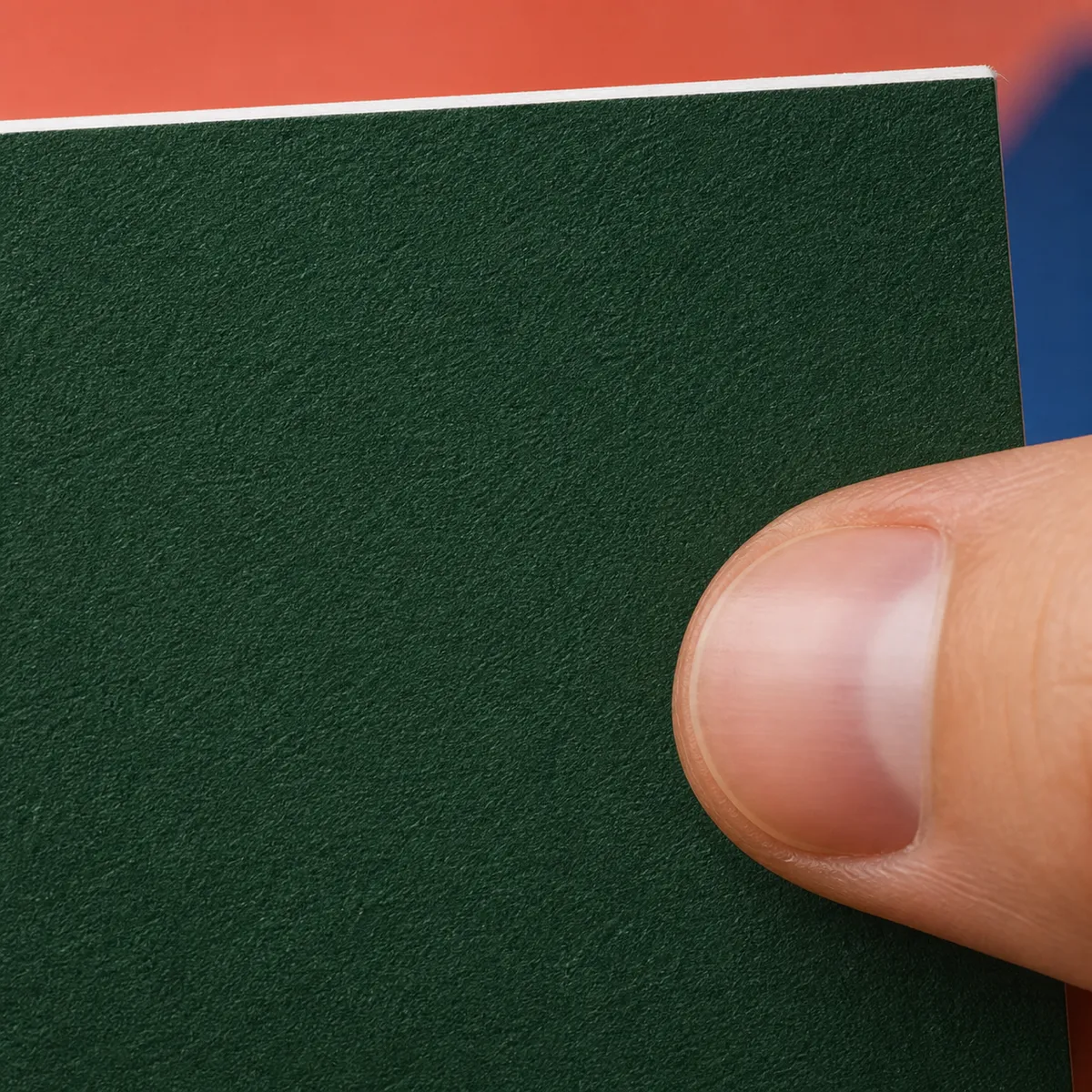 Macro d'un aplat vert foncé mat sans lettrage, avec un pouce posé dessus qui ne laisse aucune marque visible - carte de visite mate