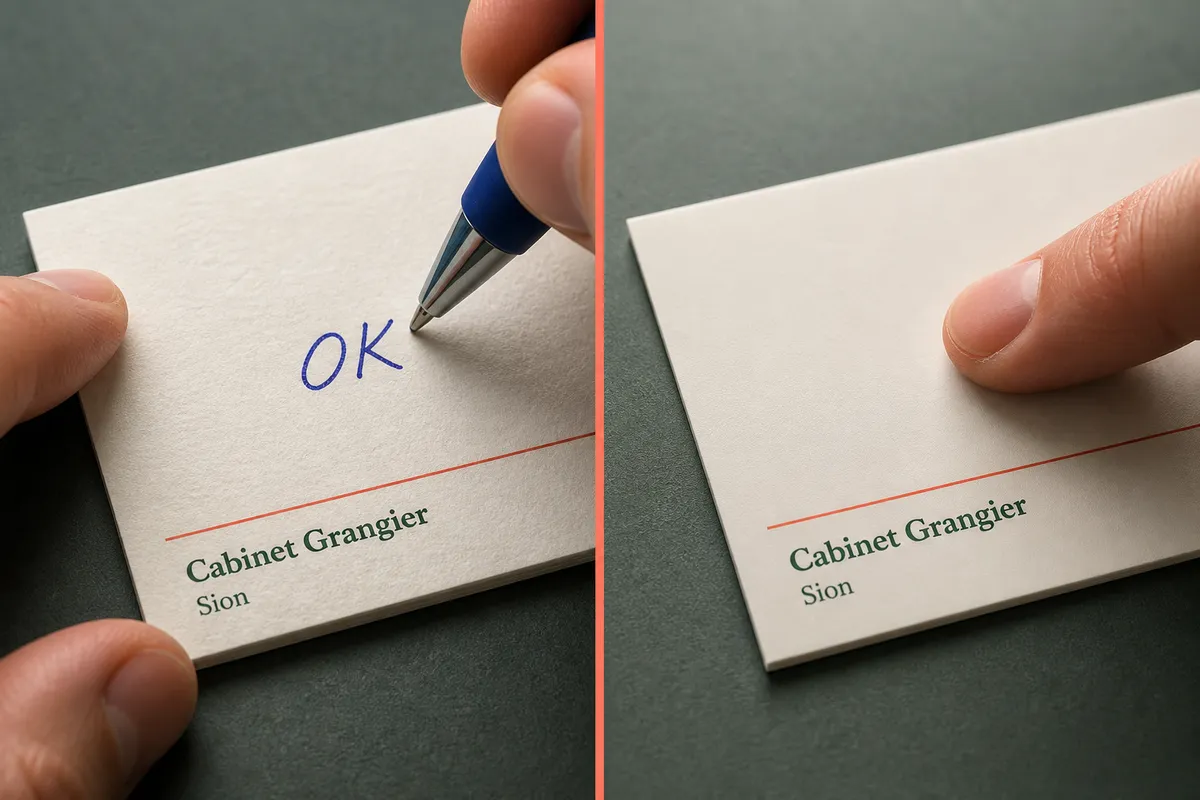 Comparaison en deux volets : à gauche un stylo écrit au dos d'une carte en papier couché mat, à droite un doigt sur une carte pelliculée mate - carte de visite mate