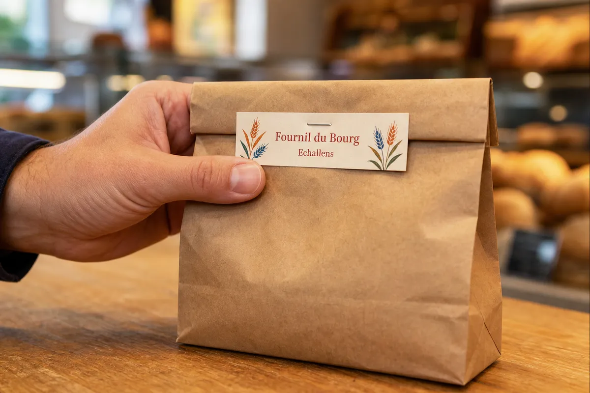 Mini carte agrafée au rabat d'un sachet kraft posé sur un comptoir, une main à côté - mini carte de visite