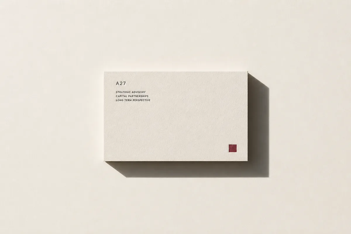 Carte de visite blanche avec un seul carré bordeaux et de fines lignes abstraites, entourée de vide - carte de visite minimaliste