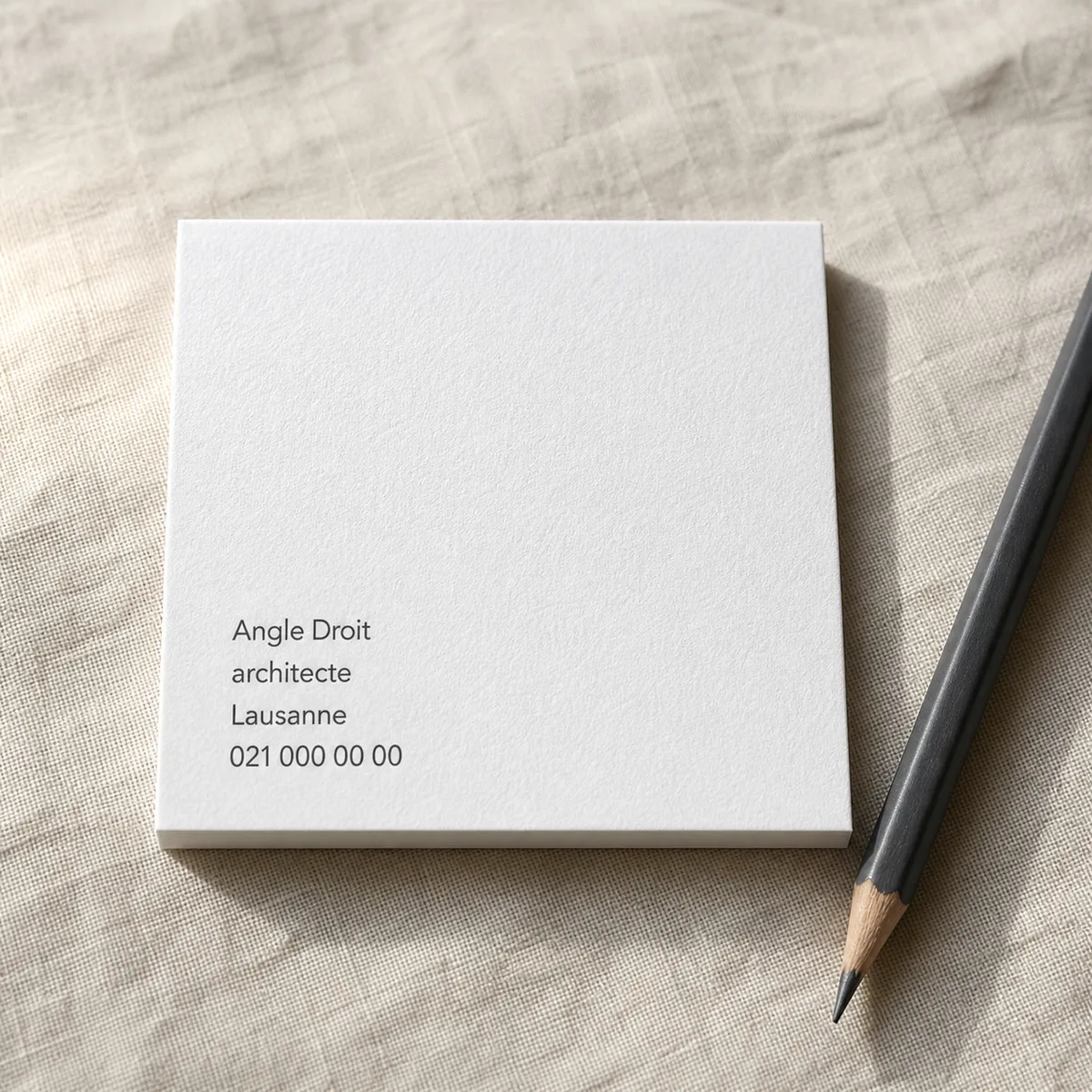 Carte blanche à quatre lignes de texte en lumière rasante sur une toile de lin, le grain du papier bien visible - carte de visite minimaliste