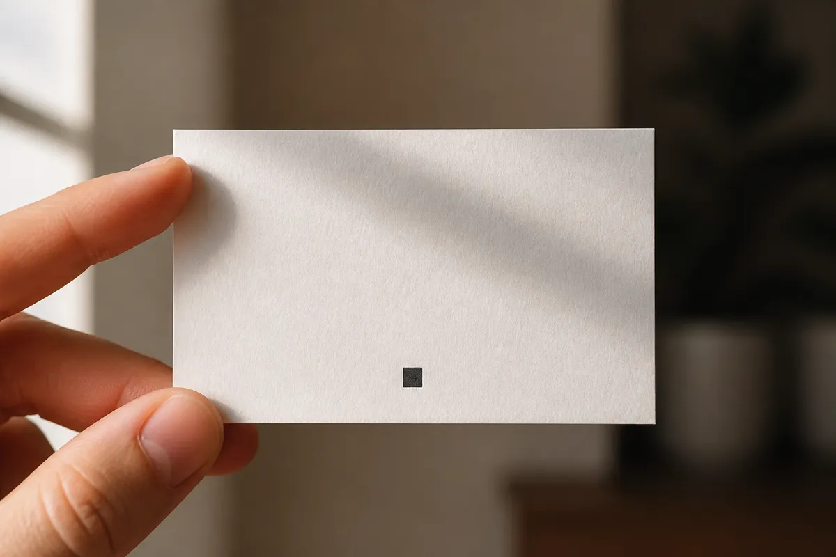 Verso de carte quasiment nu tenu entre deux doigts, une seule petite marque sombre au centre bas - carte de visite minimaliste