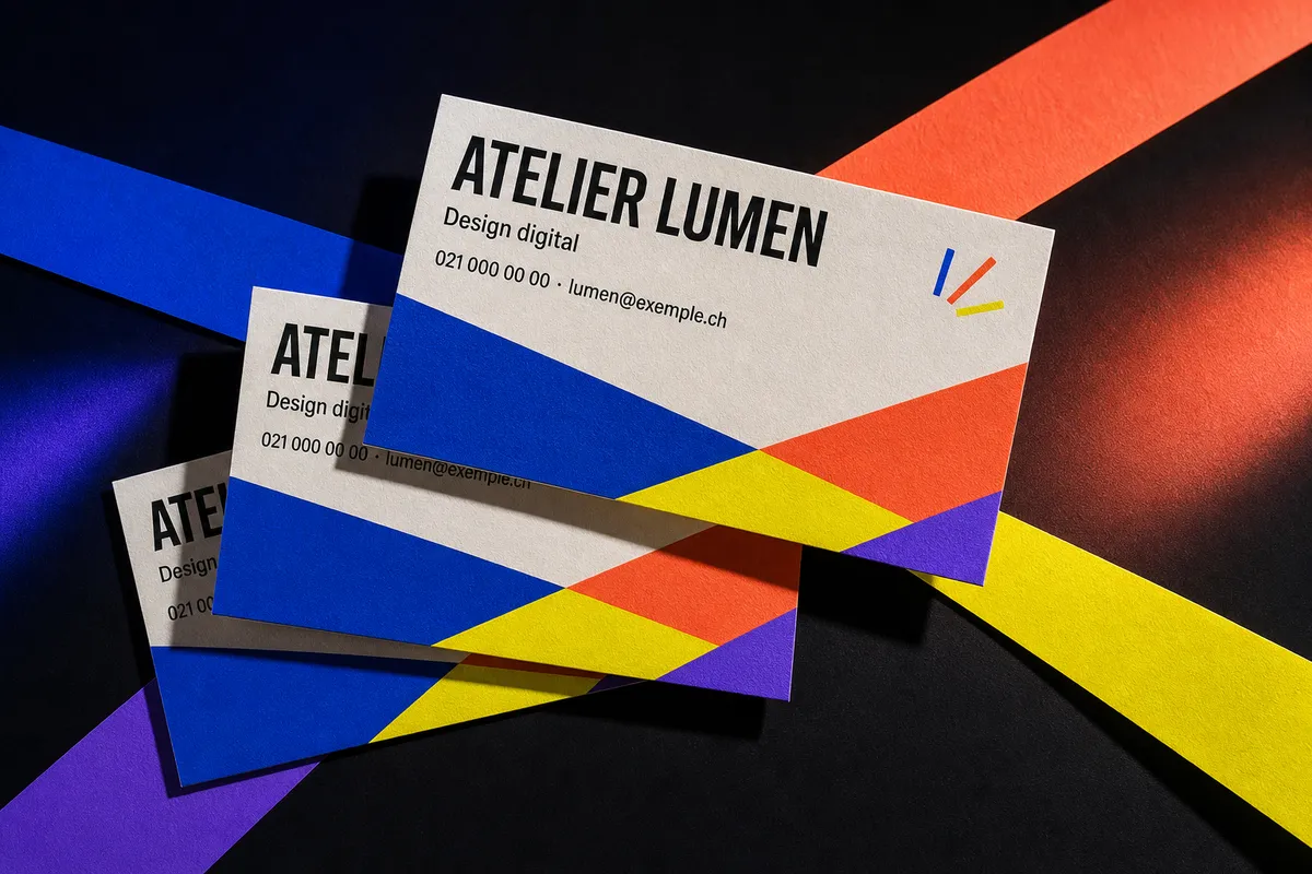Trois cartes de visite modernes aux couleurs vives et coins nets, disposées en éventail sur un bureau noir mat - hero de la page carte de visite moderne