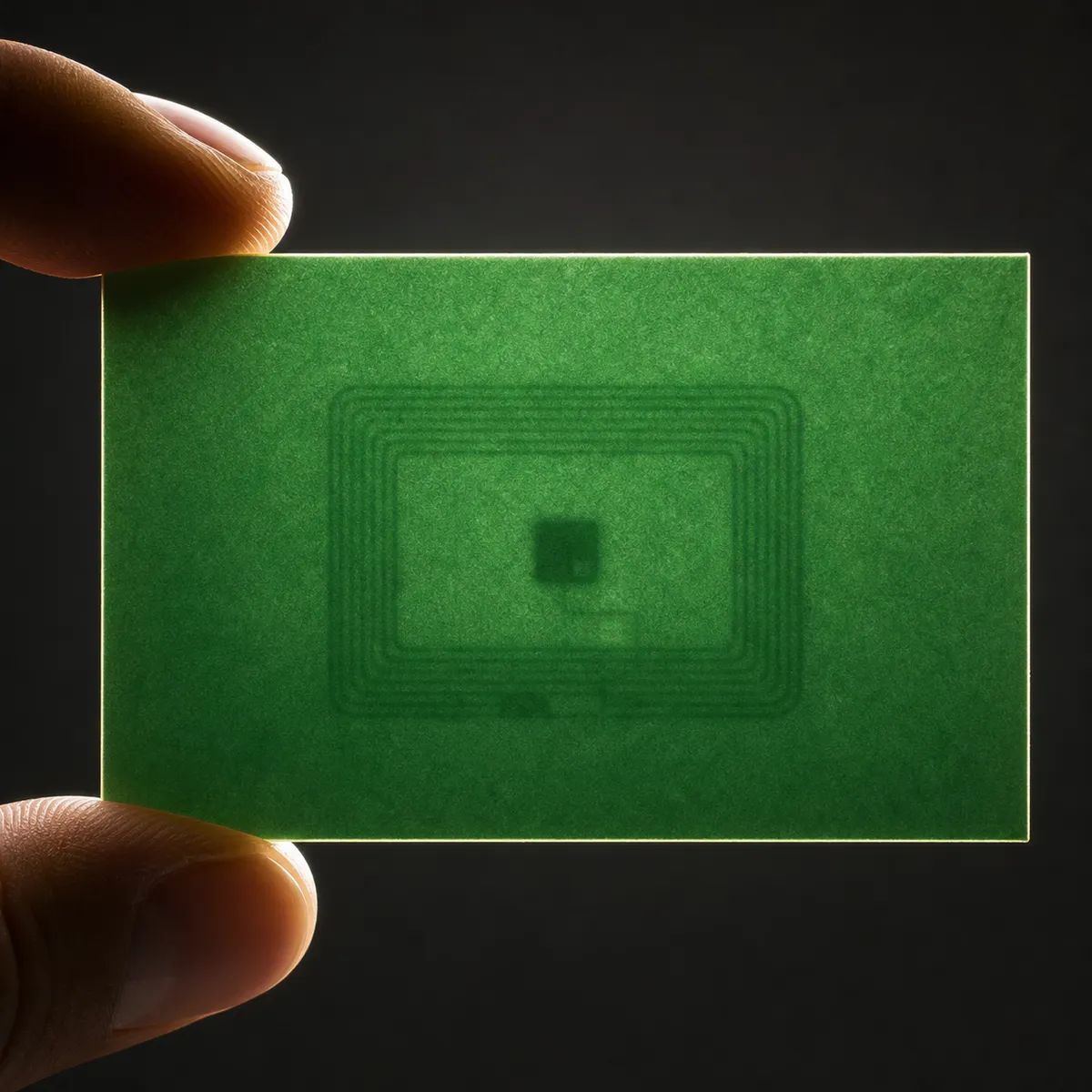 Carte tenue à contre-jour laissant apparaître la spirale de cuivre et la petite puce logées dans son épaisseur - carte de visite NFC