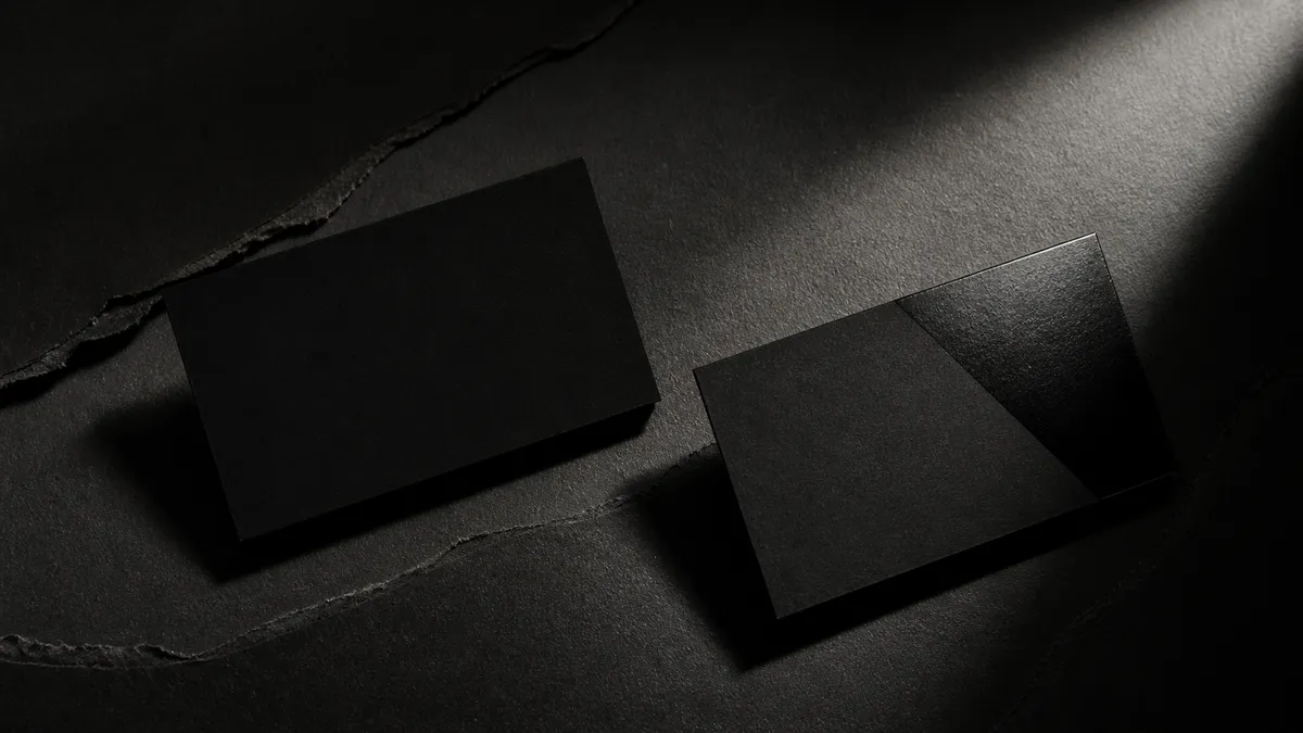 Carte de visite noire mate comparée à une carte noire avec accent brillant dans un coin - réglages carte de visite noire