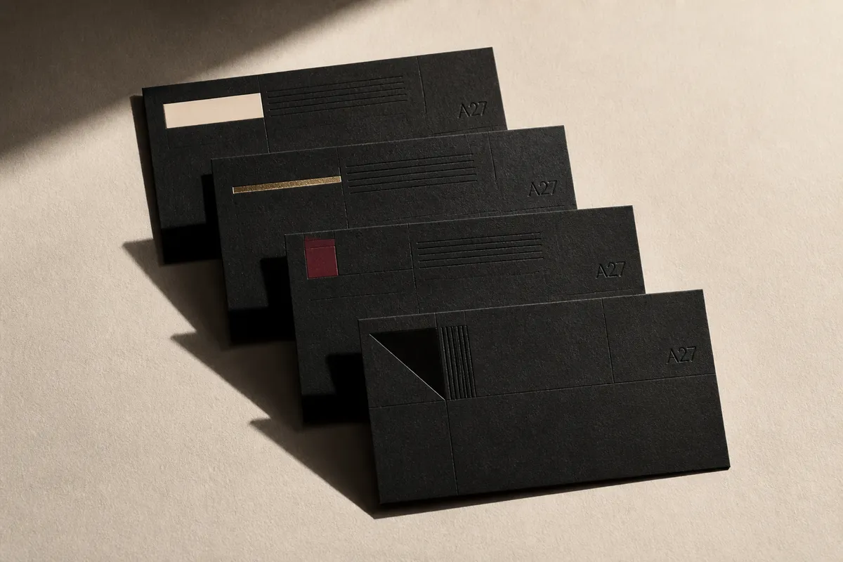 Quatre cartes de visite noires en éventail avec des accents blanc cassé, or, bordeaux et noir sur noir - variantes carte de visite noire