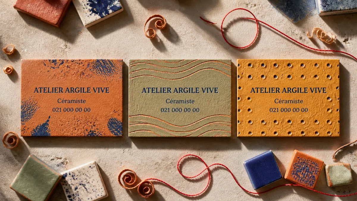 Trois cartes de visite identiques avec des motifs générés différents (terre cuite, sauge, ocre), posées côte à côte - céramiste fictif Atelier Argile Vive - carte de visite