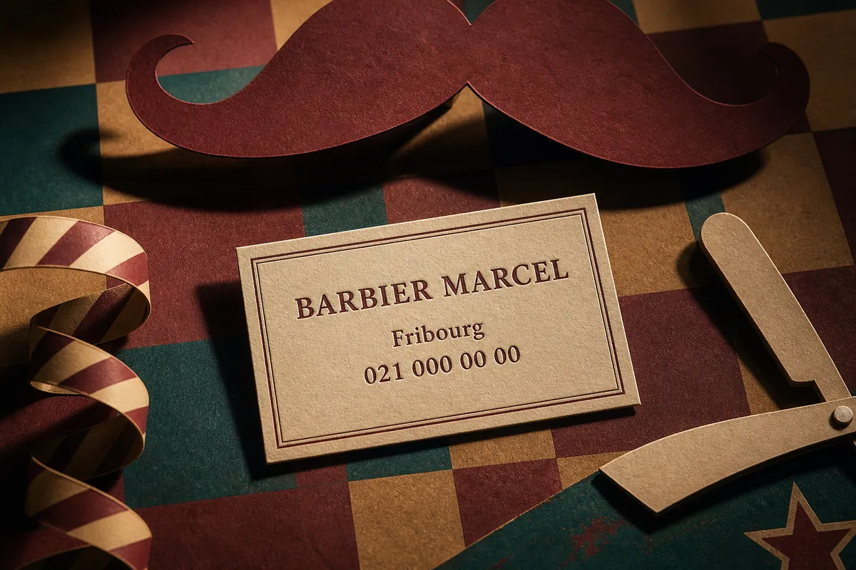 Carte de visite vintage crème avec encre bordeaux et fin cadre double ligne - barbier fictif Barbier Marcel - carte de visite