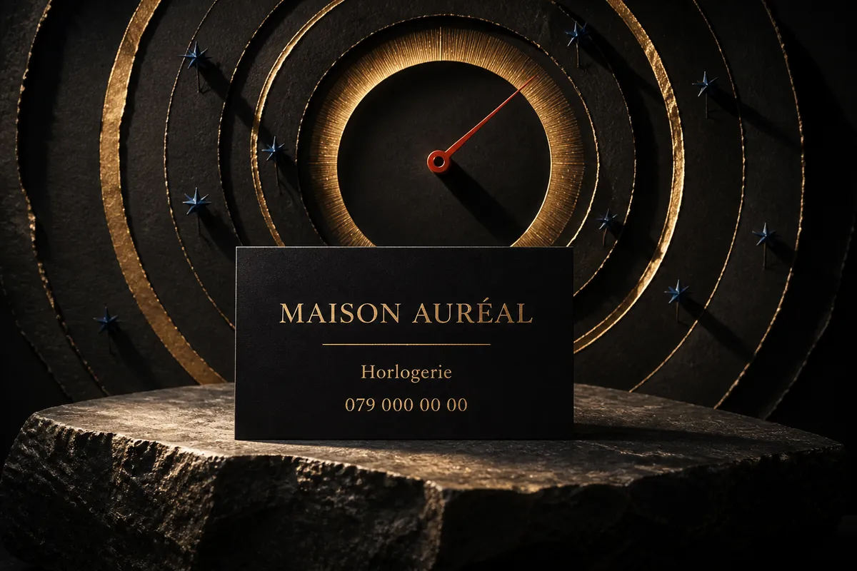 Carte de visite noire mate avec texte doré fin et liseré doré sur surface sombre - horlogerie fictive Maison Auréal - carte de visite