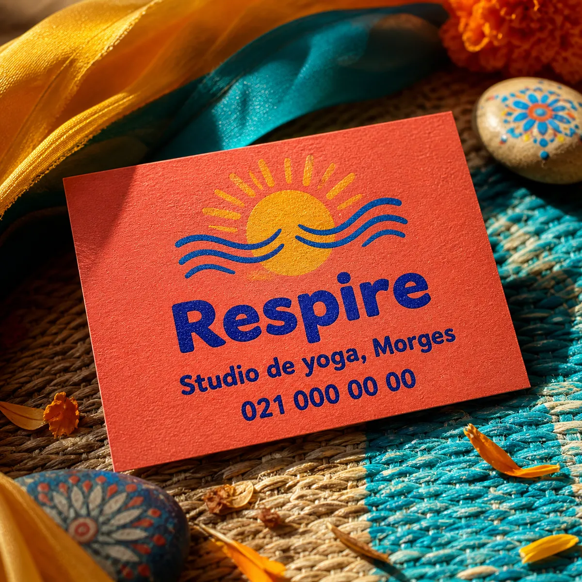 Gros plan sur une carte de visite corail avec logo abstrait et coordonnées pour un studio de yoga fictif - placement du logo carte de visite personnalisée
