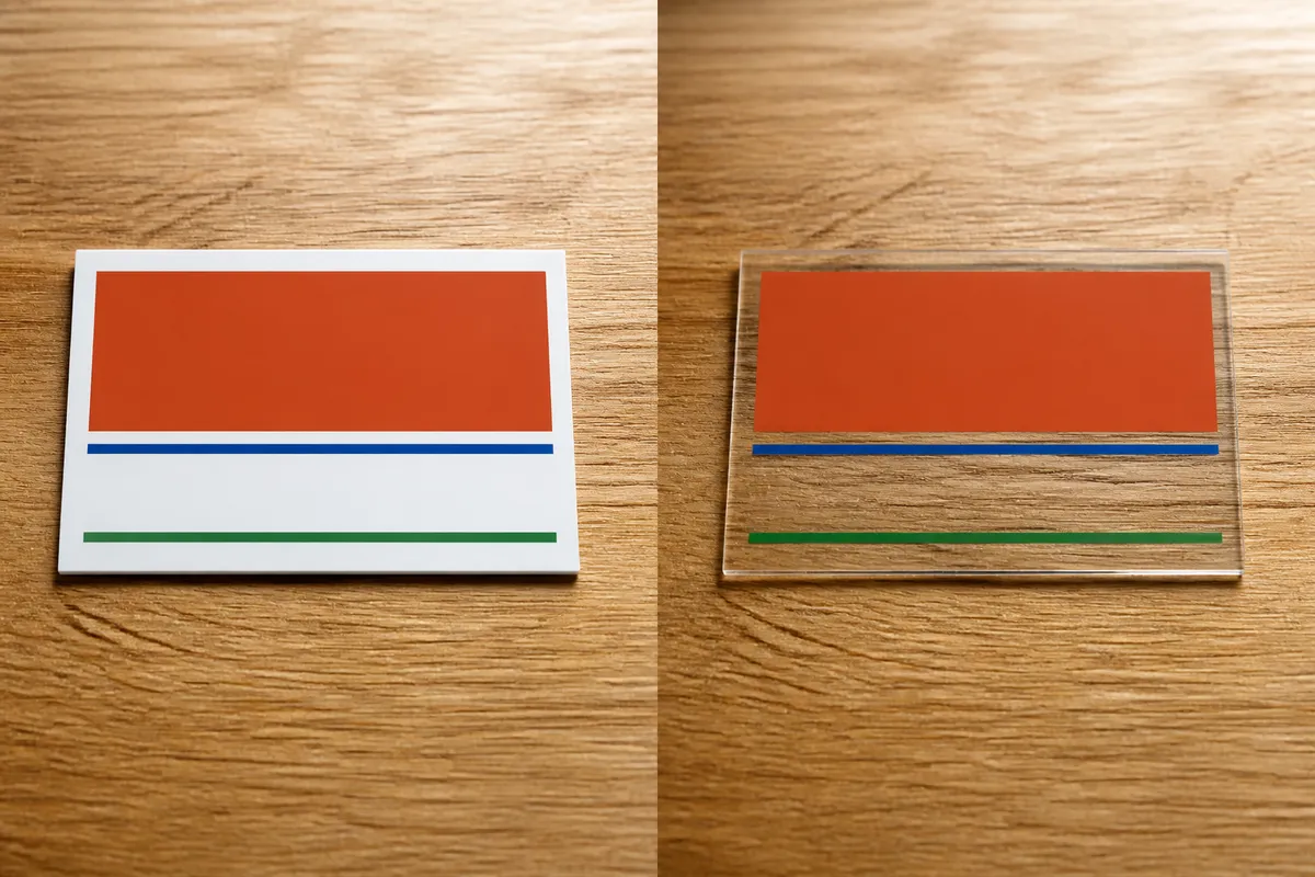 Deux cartes PVC côte à côte sur une table en chêne, l'une blanche et opaque, l'autre transparente laissant voir le bois - carte de visite en plastique PVC