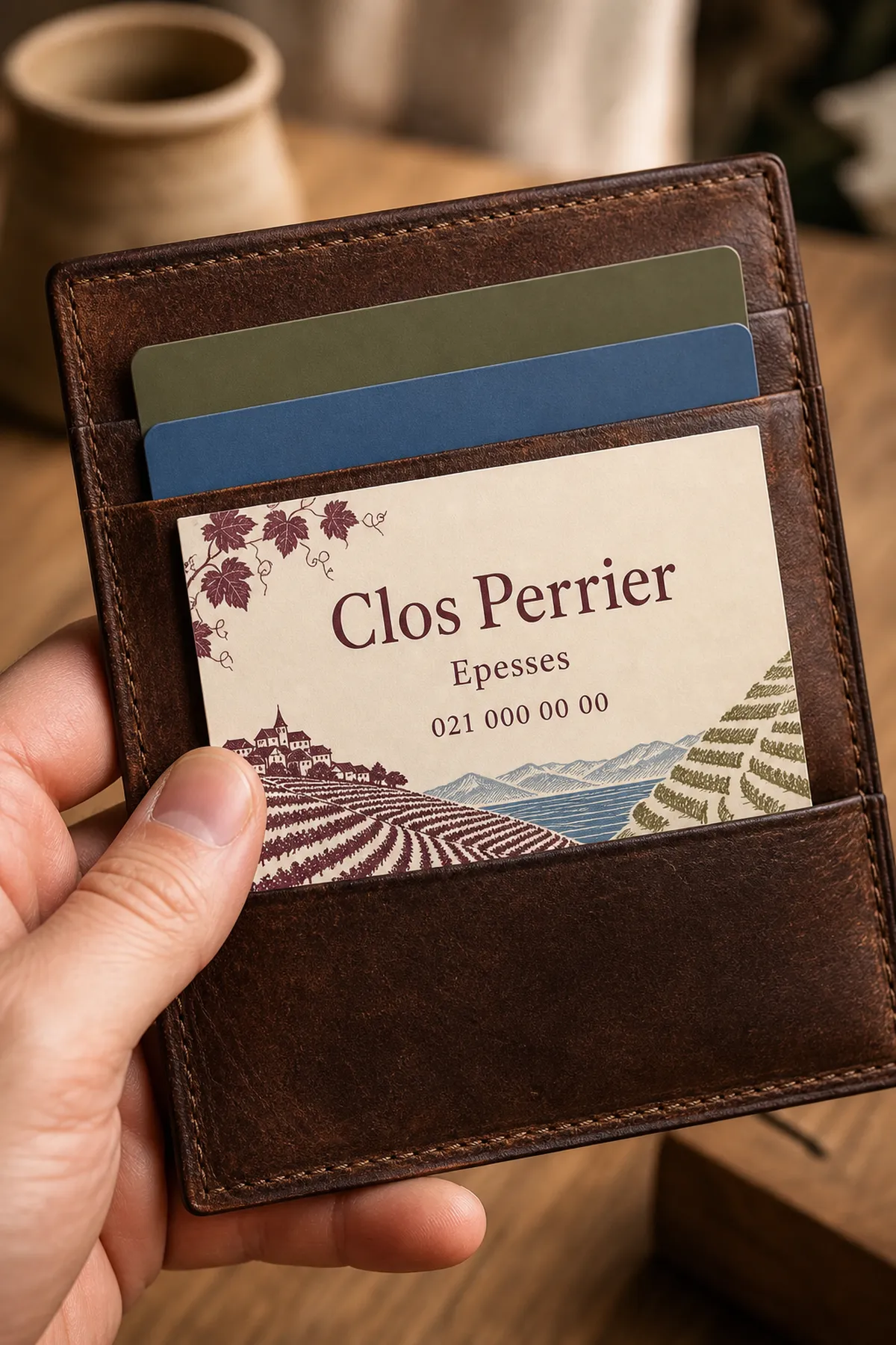 Carte de visite en PVC blanc glissée dans un portefeuille en cuir, parfaitement plane à côté de cartes bancaires neutres - carte de visite en plastique PVC