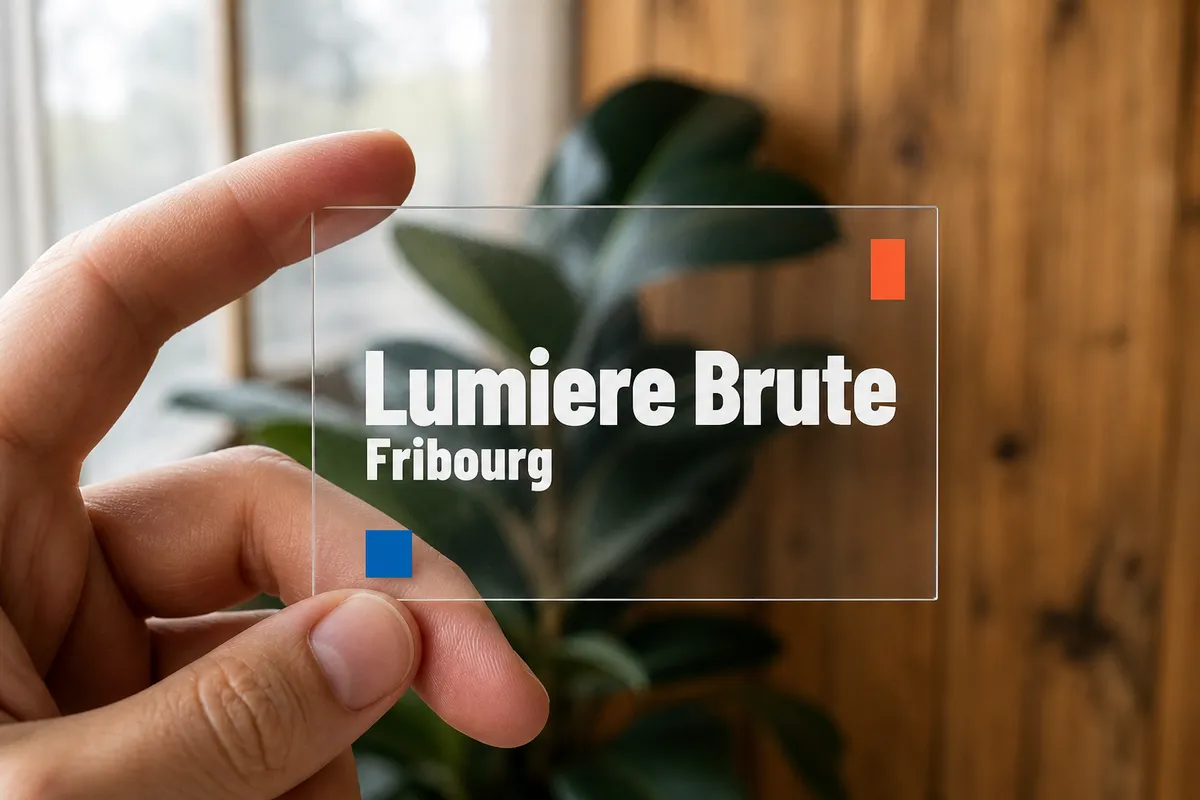 Main tenant une carte en PVC transparent, les doigts et le fond visibles à travers le support, nom imprimé en blanc opaque - carte de visite en plastique PVC