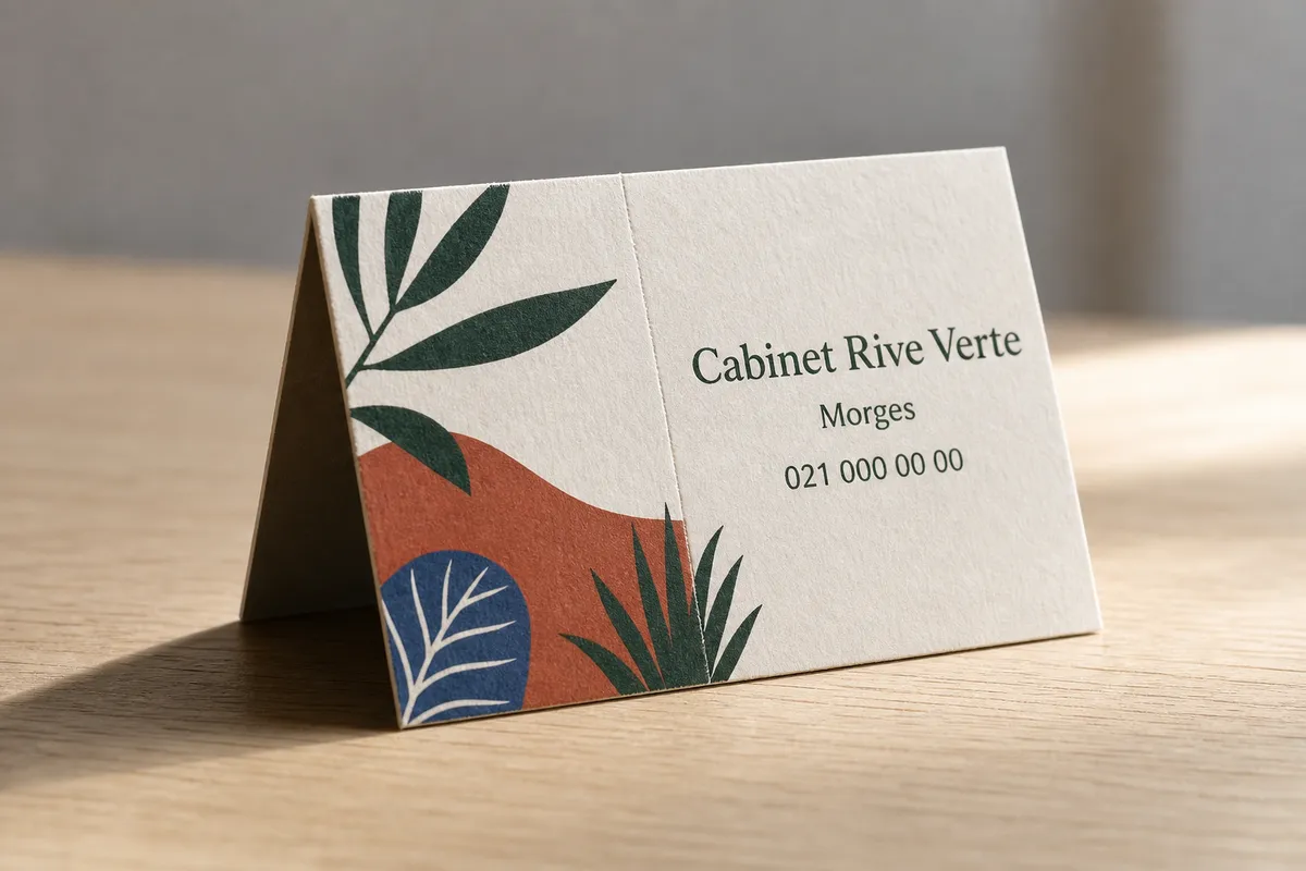 Carte pliée dressée en tente sur une table en chêne, vue de biais, l'ombre marquant l'intérieur de la pliure - carte de visite pliée