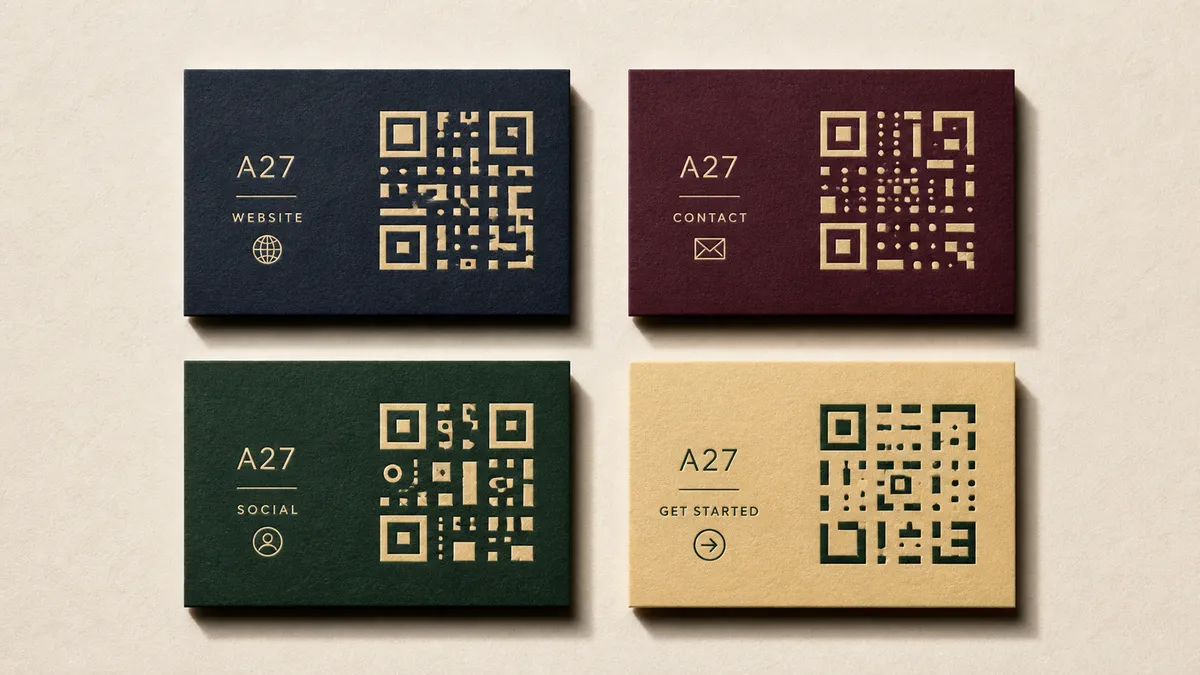 Quatre cartes alignées portant chacune un motif carré abstrait différent - carte de visite avec QR code