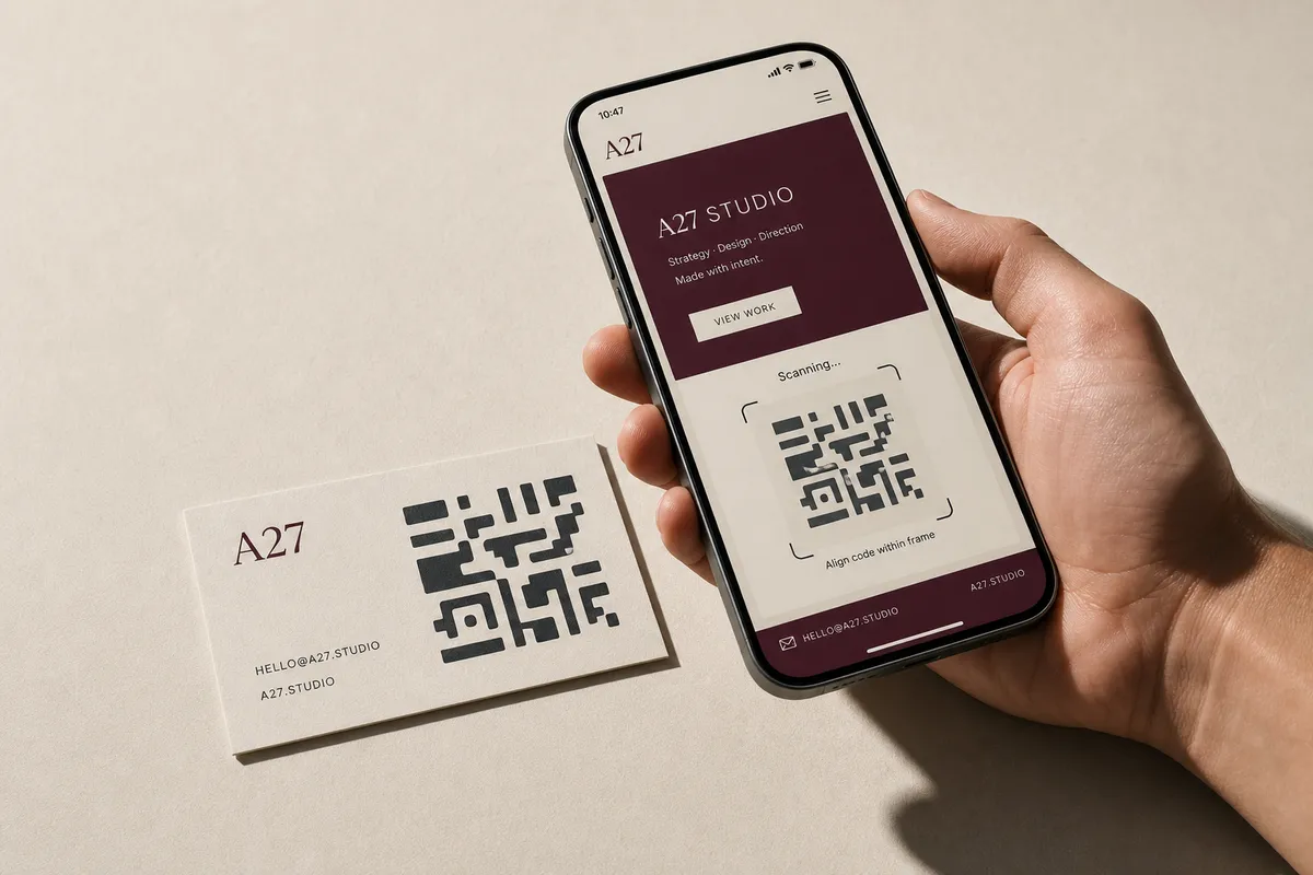 Main tenant un smartphone au-dessus d'une carte imprimée d'un motif carré abstrait - carte de visite avec QR code