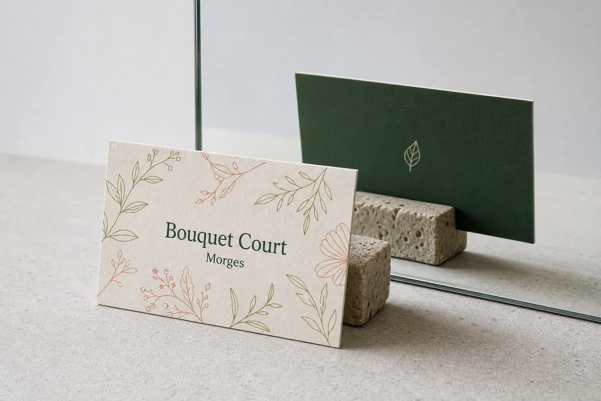 Carte debout devant un miroir, le recto crème face à l'objectif et le verso vert plein renvoyé par le reflet - carte de visite recto verso