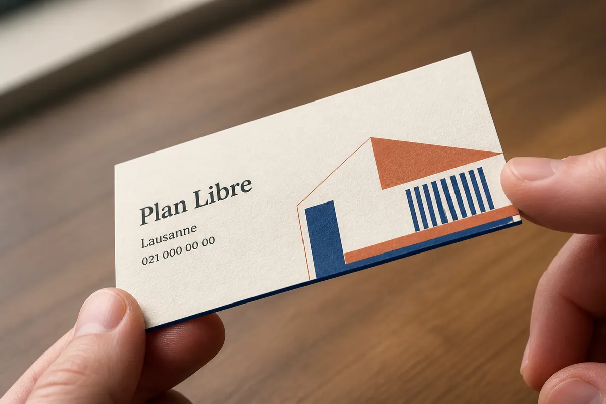 Carte tenue entre deux doigts en train d'être retournée, le recto imprimé et le verso bleu visibles ensemble - carte de visite recto verso