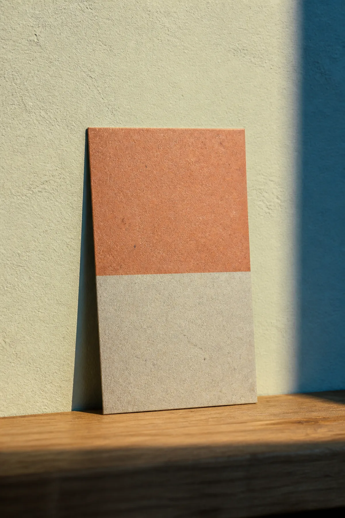 Carte recyclée en format vertical appuyée contre un mur clair, aplat terracotta assourdi par l'absorption de la fibre - carte de visite recyclée