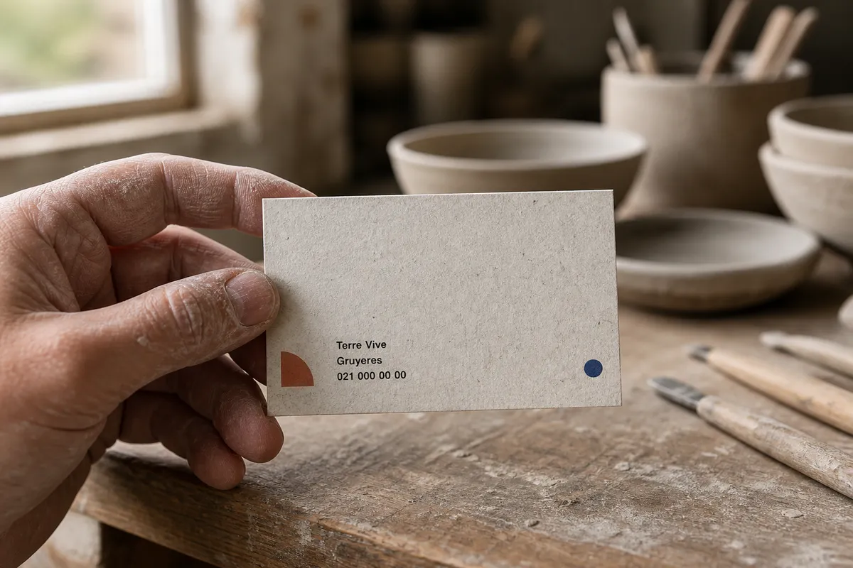 Main poudrée d'argile tenant une carte en papier recyclé au-dessus d'un établi, typographie noire sobre sur fond naturel - carte de visite recyclée