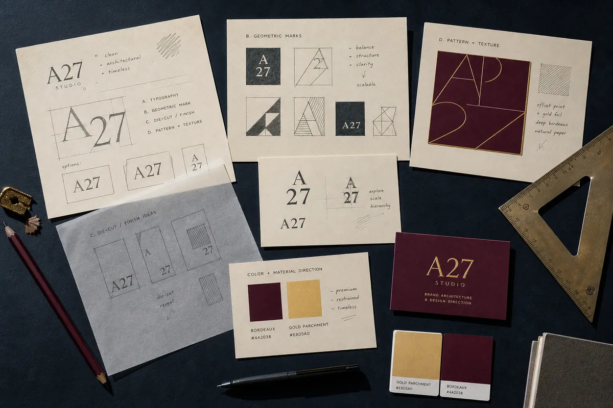 Bureau de graphiste avec plusieurs esquisses de compositions asymétriques, règles et échantillons de couleur - carte de visite sur mesure atelier