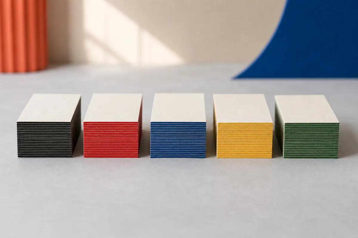 Cinq piles de cartes alignées, chacune montrant une tranche d'une couleur différente, noir, rouge, bleu, jaune et vert - carte de visite à tranche colorée