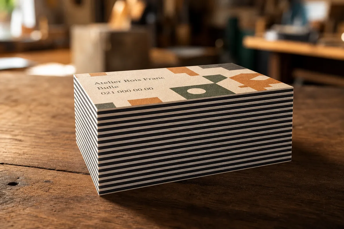 Pile de cartes posée sur un comptoir en noyer, vue presque de profil, la tranche noire répétée sur toute la hauteur - carte de visite à tranche colorée