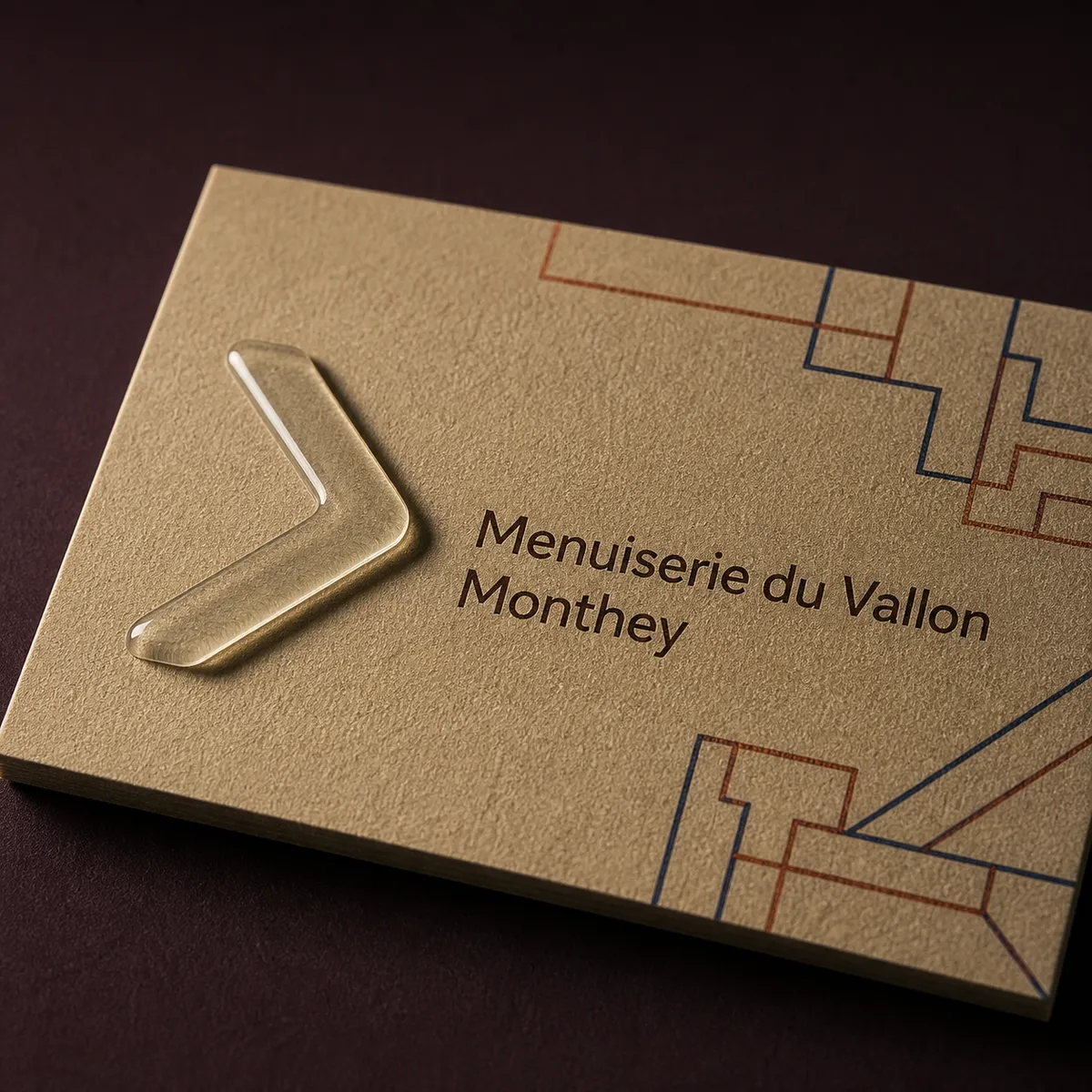 Vue de profil rapprochée d'une carte sable dont le chevron en vernis 3D forme un relief épais et transparent qui porte sa propre ombre - carte de visite vernis sélectif