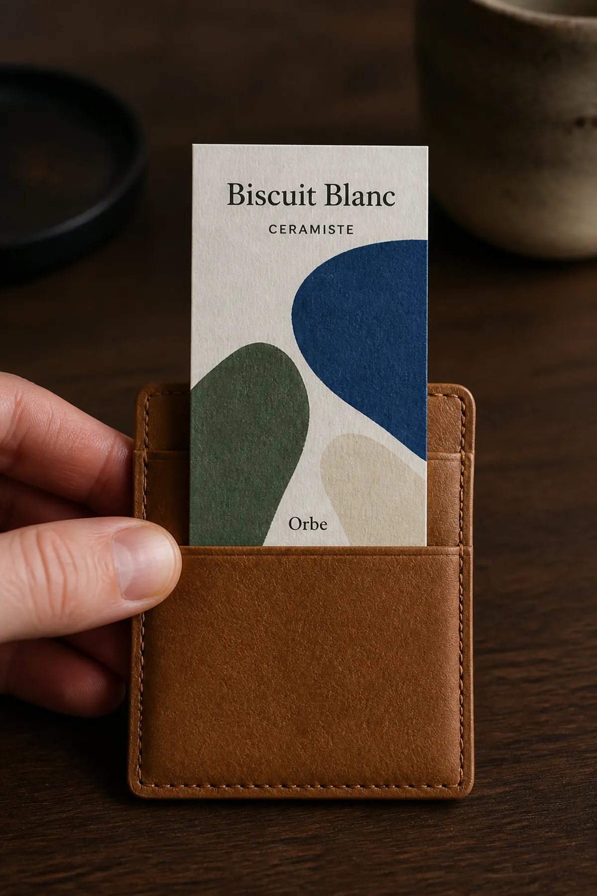 Carte verticale sortant d'un porte-cartes en cuir fauve, un pouce posé sur le bord de l'étui - carte de visite verticale