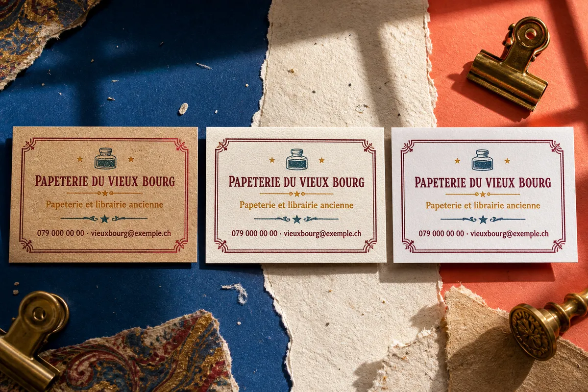 Même carte de visite vintage imprimée sur trois papiers différents (kraft, coton, ivoire mat) posés côte à côte, coins nets - illustration de l'effet du papier sur le rendu
