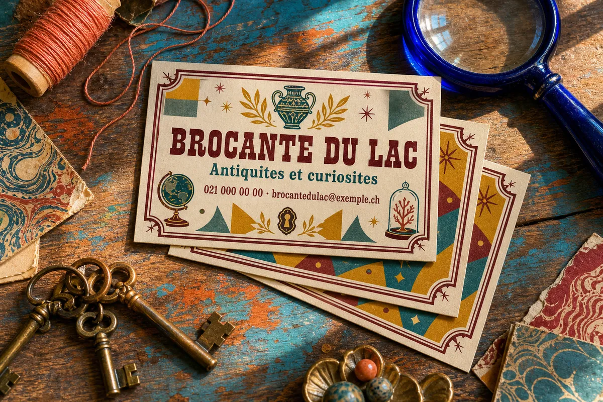 Trois cartes de visite rétro aux tons chauds et coins nets, en éventail sur un bureau en bois vieilli - hero de la page carte de visite vintage