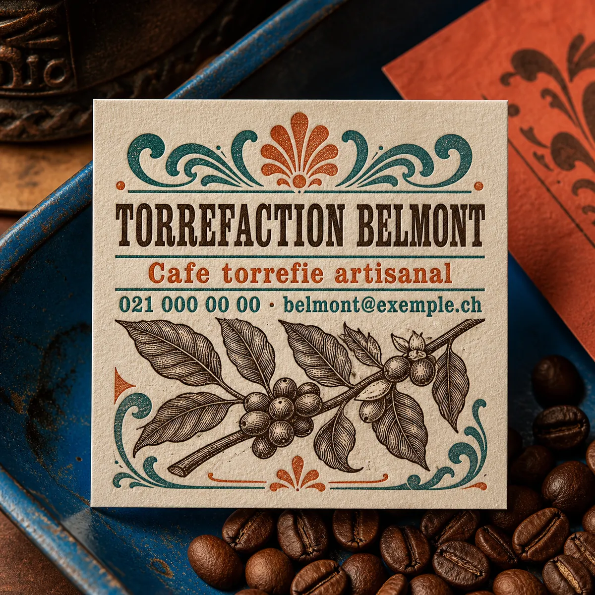 Gros plan sur le coin d'une carte de visite vintage orange brûlé avec illustration gravée de grain de café et empattements marqués - détail typographique rétro