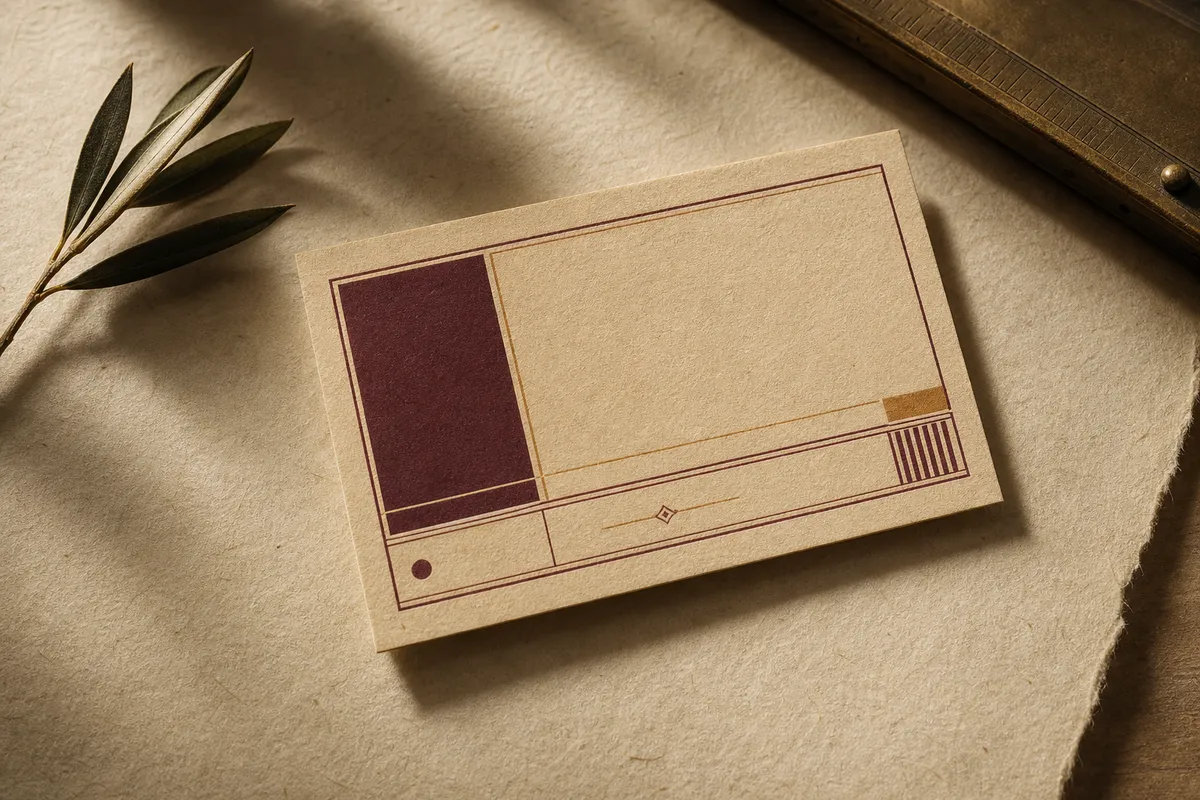 Carte de visite crème posée sur un papier texturé vieilli avec deux encres chaudes - ambiance carte de visite vintage